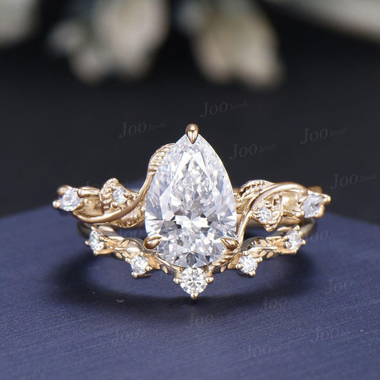 2 Carat Sparkling Teardrop Cut Lab Grown Diamond Engagement Ring Set with IGI Certificate 14K Solid Yellow Gold Nature Inspired Bridal Rings