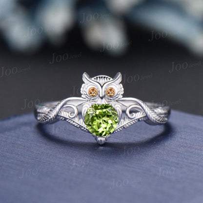 925 Sterling Silver 5mm Round Cut Citrine Peridot Owl on Branch Nature Engagement Ring Unique August Birthstone Birthday Gifts for Daughter