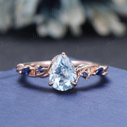 Nature Inspired Branch Aquamarine Bridal Ring Set 10K Rose Gold Pear Cut Aquamarine Wedding Ring Set for Women March Birthstone Jewelry Gift