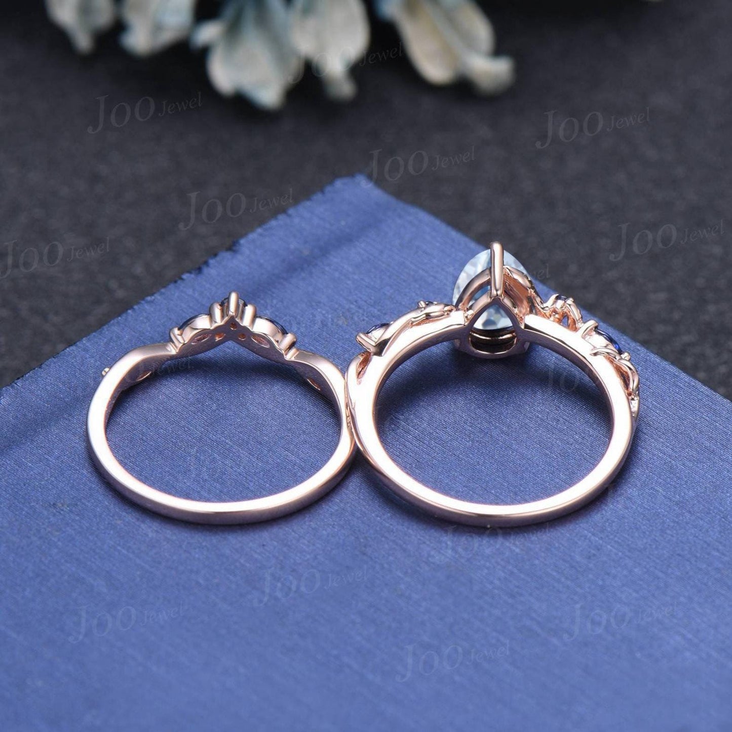 Nature Inspired Branch Aquamarine Bridal Ring Set 10K Rose Gold Pear Cut Aquamarine Wedding Ring Set for Women March Birthstone Jewelry Gift