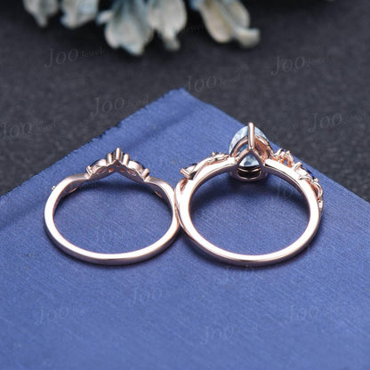 Nature Inspired Branch Aquamarine Bridal Ring Set 10K Rose Gold Pear Cut Aquamarine Wedding Ring Set for Women March Birthstone Jewelry Gift
