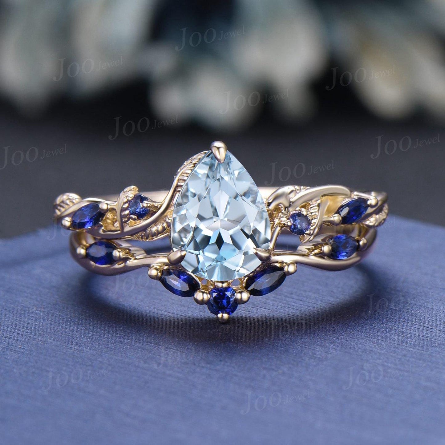 Nature Inspired Branch Aquamarine Bridal Ring Set 10K Rose Gold Pear Cut Aquamarine Wedding Ring Set for Women March Birthstone Jewelry Gift
