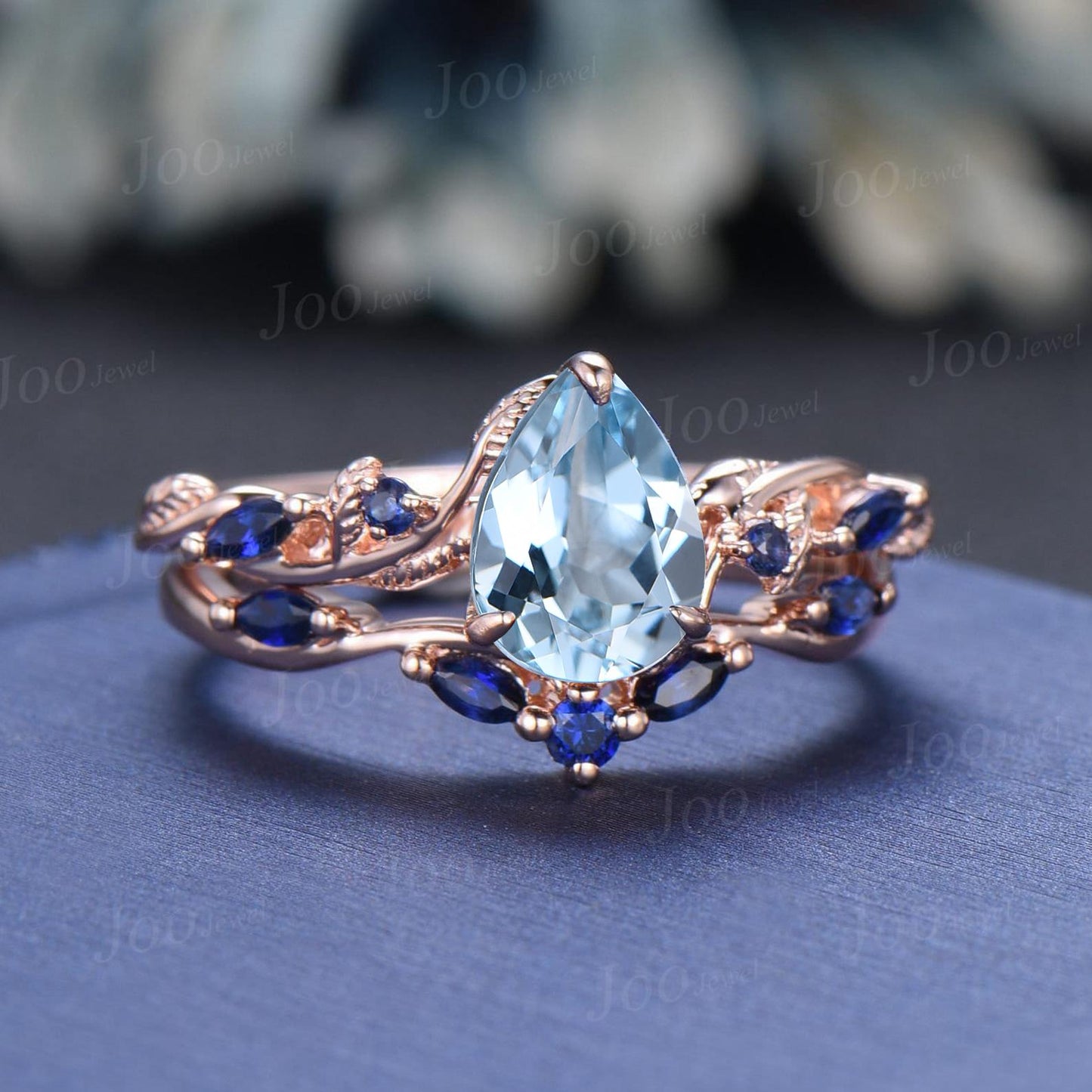 Nature Inspired Branch Aquamarine Bridal Ring Set 10K Rose Gold Pear Cut Aquamarine Wedding Ring Set for Women March Birthstone Jewelry Gift