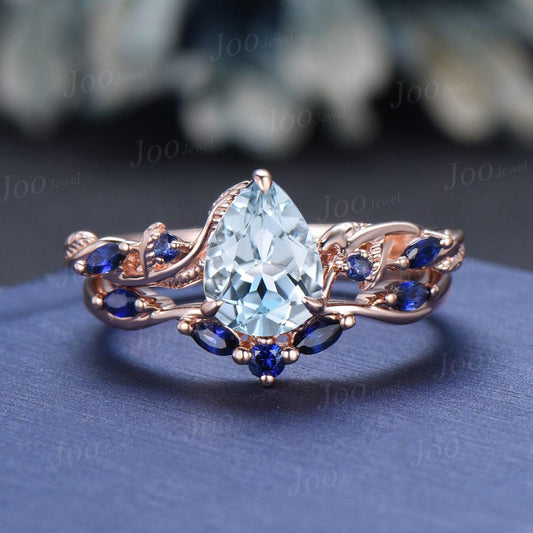 Nature Inspired Branch Aquamarine Bridal Ring Set 10K Rose Gold Pear Cut Aquamarine Wedding Ring Set for Women March Birthstone Jewelry Gift