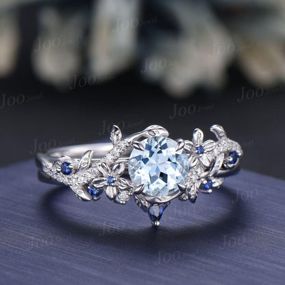 1ct Round Cut Natural Aquamarine Engagement Ring Set Sterling Silver Leaf Nature Inspired Blue Sapphire Aquamarine Wedding Ring for Women