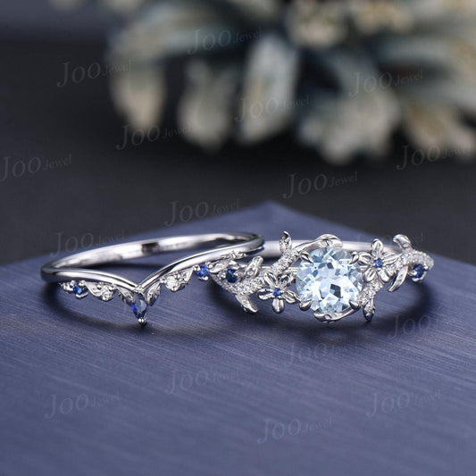 1ct Round Cut Natural Aquamarine Engagement Ring Set Sterling Silver Leaf Nature Inspired Blue Sapphire Aquamarine Wedding Ring for Women