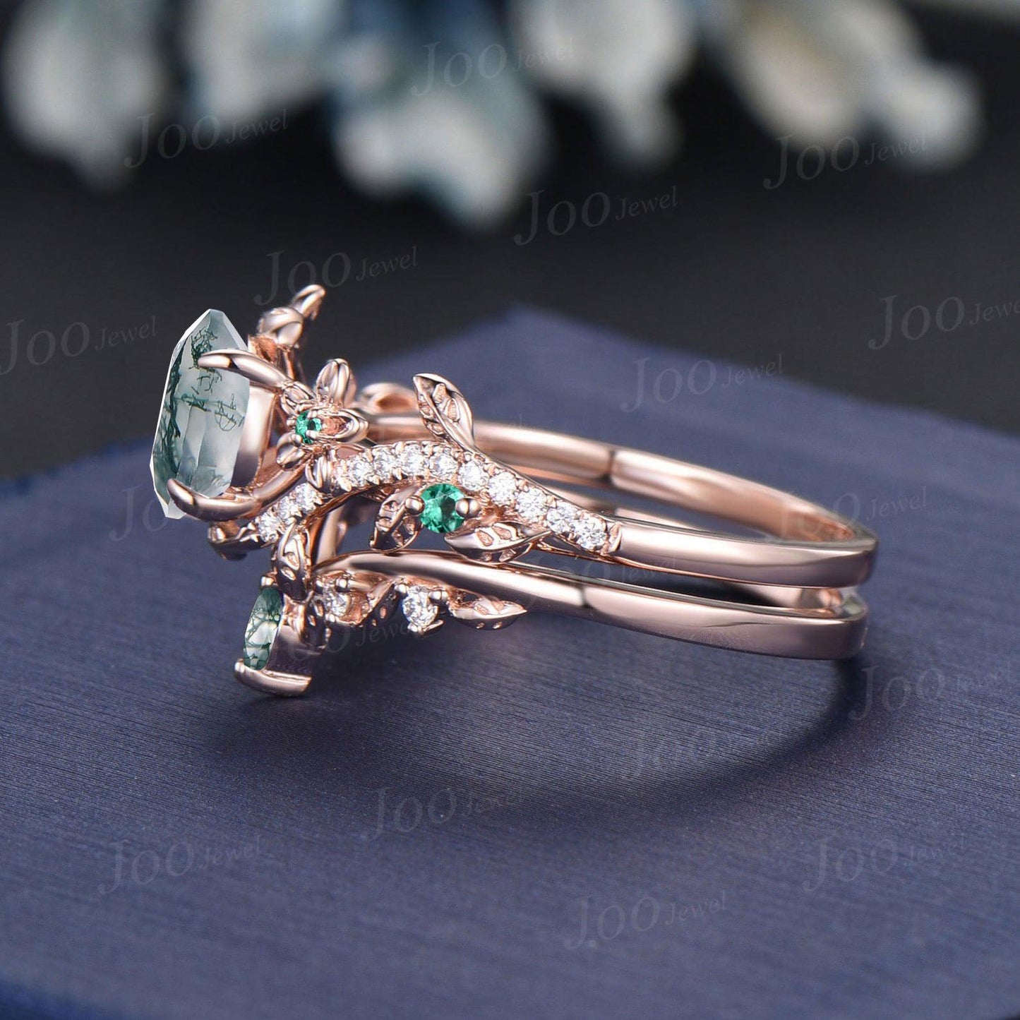 1ct Round Cut Natural Moss Agate Engagement Ring Set,10K Solid Gold Floral Leaf Wedding Bridal Ring ,Moss Agate Emerald Promise Ring Gifts