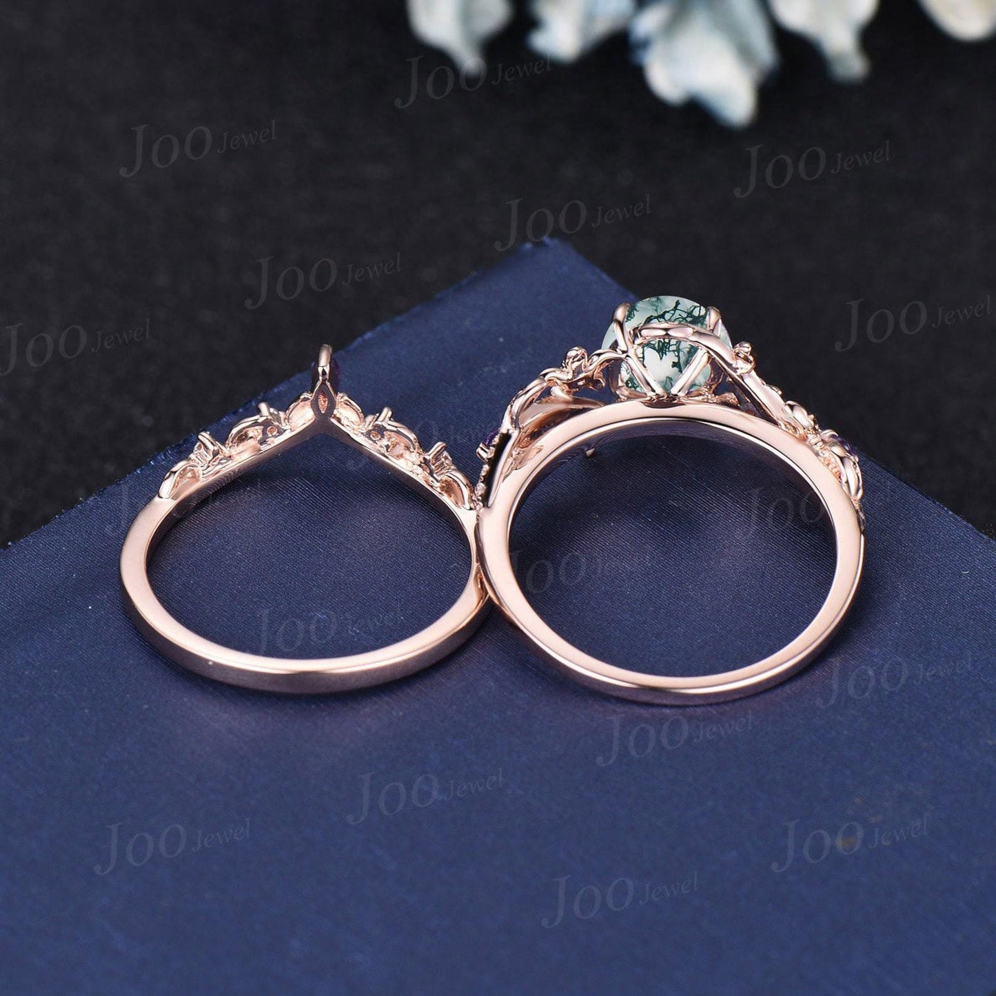 1ct Round Cut Natural Moss Agate Engagement Ring Set,10K Solid Gold Floral Leaf Wedding Bridal Ring ,Moss Agate Emerald Promise Ring Gifts