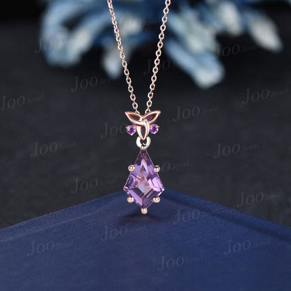 Celtic Love Trinity Knot Amethyst Drop Necklace Kite Natural Amethyst Entwined Pendant 14K Rose Gold Purple Crystal Birthday Gift for Women