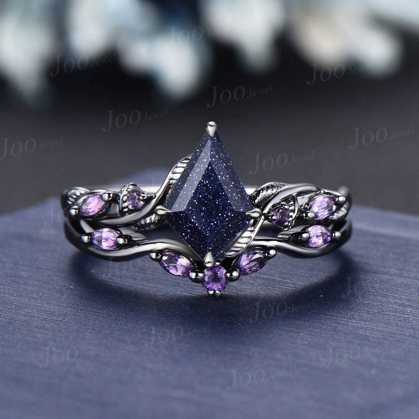 Princess Cut Blue Goldstone Ring Set Nature Inspired Galaxy Blue Sandstone Amethyst Bridal Set Unique Twig Vine Black Gold Wedding Ring Set