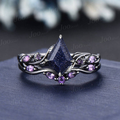 Princess Cut Blue Goldstone Ring Set Nature Inspired Galaxy Blue Sandstone Amethyst Bridal Set Unique Twig Vine Black Gold Wedding Ring Set