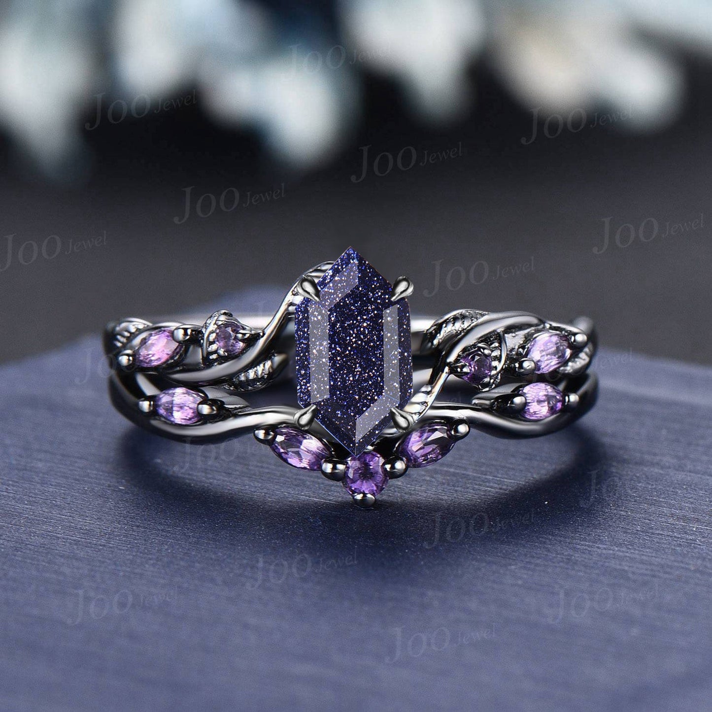 Princess Cut Blue Goldstone Ring Set Nature Inspired Galaxy Blue Sandstone Amethyst Bridal Set Unique Twig Vine Black Gold Wedding Ring Set