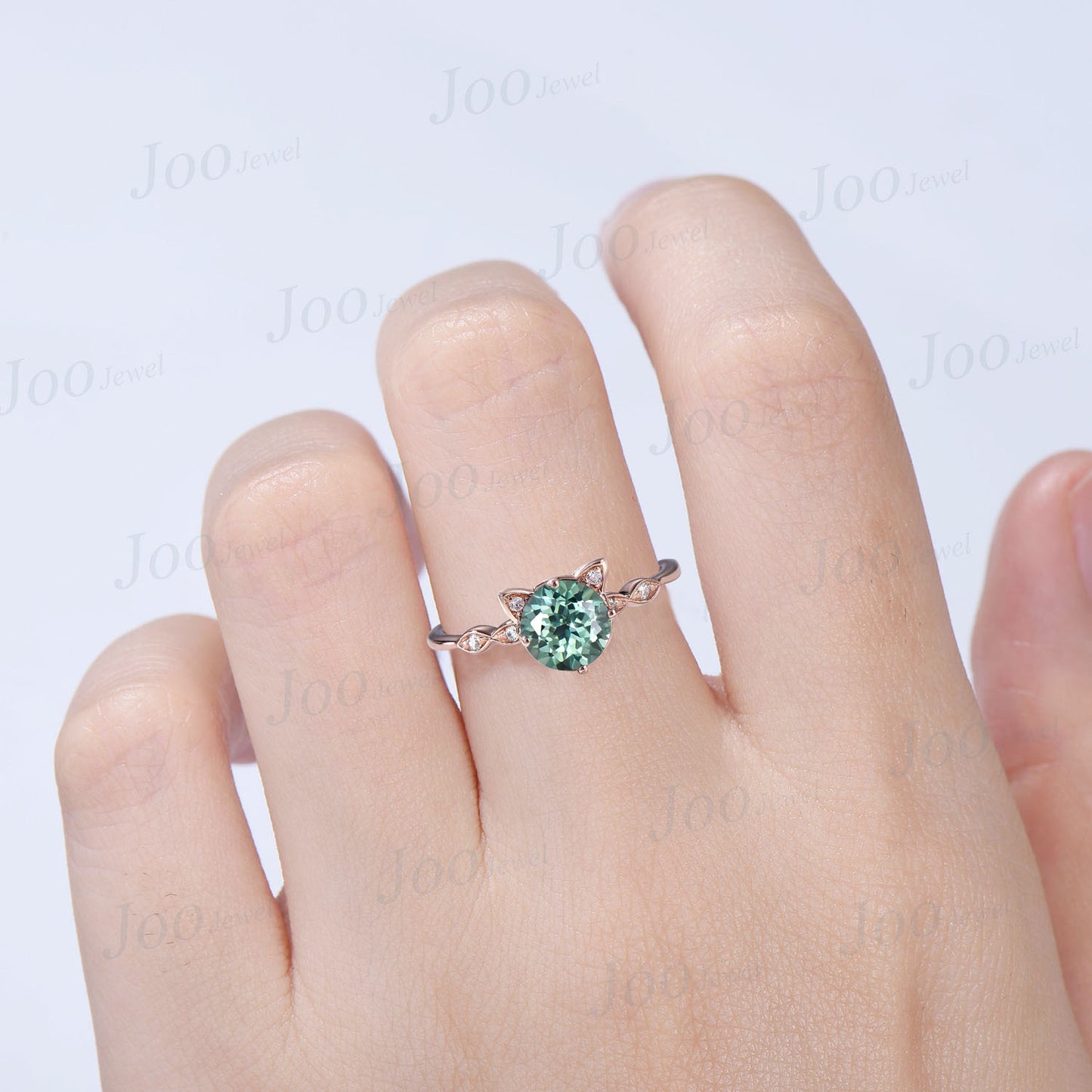 Cat Promise Ring Vintage 1ct Round Cut Green Sapphire Engagement Ring Teal Olive Sapphire Wedding Ring Peekaboo Kitten Gifts for Cat Lover