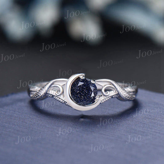 Crescent Moon Round Galaxy Blue Sandstone Ring 14K White Gold Feather Wedding Ring Twisted Crossover Engagement Ring Unique Proposal Gifts