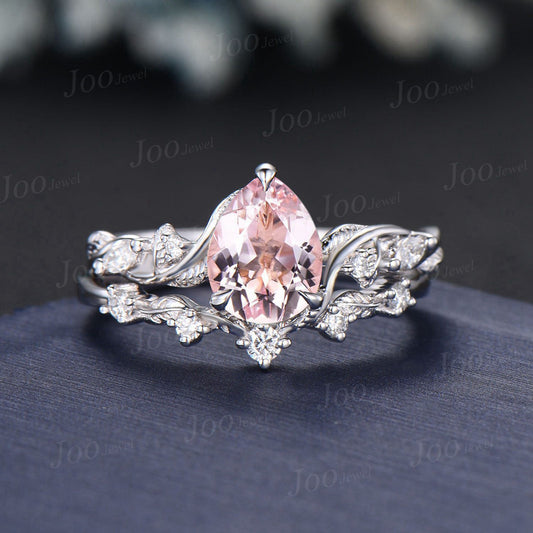 Pear Cut Natural Pink Morganite Diamond Leaf Engagement Ring Set 14K Rose Gold Branch Nature Inspired Real Diamond Morganite Wedding Ring