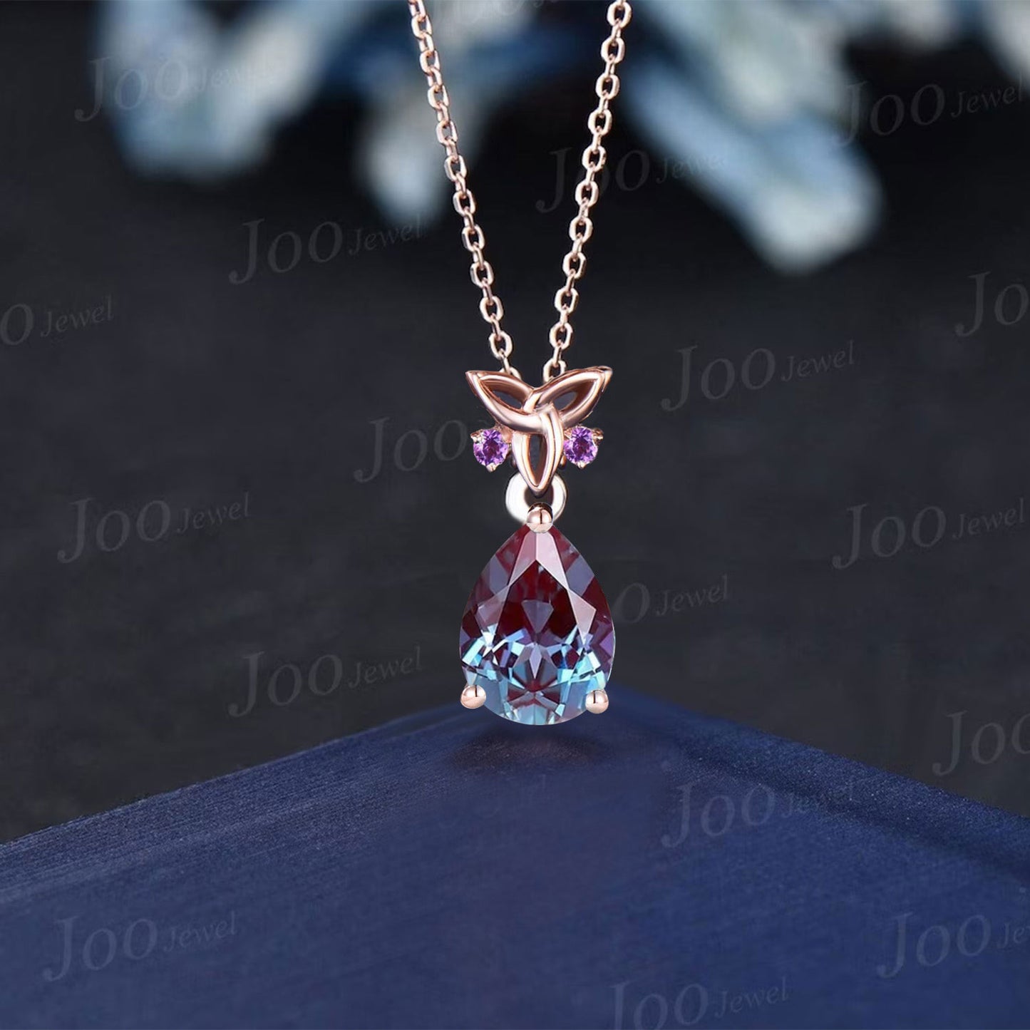 Celtic Trinity Knot Color-Change Alexandrite Drop Necklace Teardrop Alexandrite Amethyst Pendant Rose Gold Gemstone Birthday Gift for Women