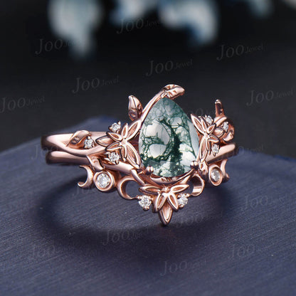 Nature Inspired Natural Moss Agate Ring Set Trinity Knot Half Moon Diamond Wedding Ring Branch Celtic Pear Aquatic Agate Engagement Ring