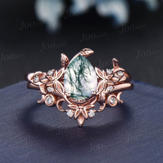 Nature Inspired Natural Moss Agate Ring Set Trinity Knot Half Moon Diamond Wedding Ring Branch Celtic Pear Aquatic Agate Engagement Ring