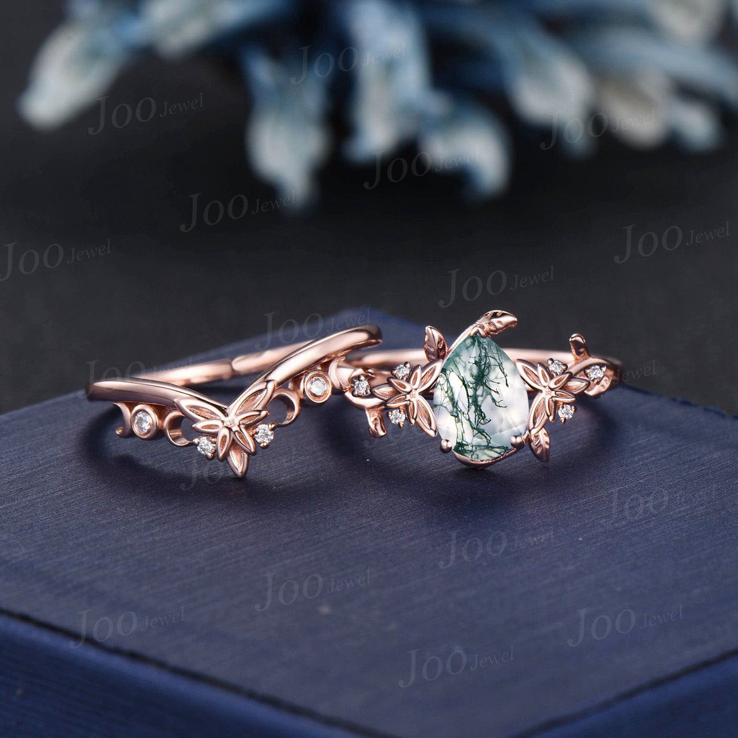 Nature Inspired Natural Moss Agate Ring Set Trinity Knot Half Moon Diamond Wedding Ring Branch Celtic Pear Aquatic Agate Engagement Ring