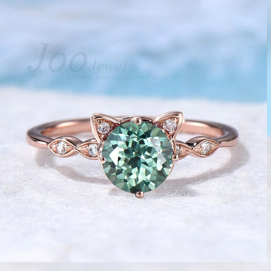 Cat Promise Ring Vintage 1ct Round Cut Green Sapphire Engagement Ring Teal Olive Sapphire Wedding Ring Peekaboo Kitten Gifts for Cat Lover