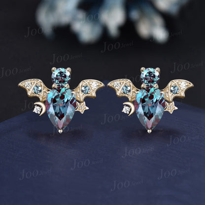 Teardrop Alexandrite Stud Earrings Solid 14k Gold Moon Star Diamond Bat Earrings Antique Gothic June Birthstone Gemstone Earrings For Women