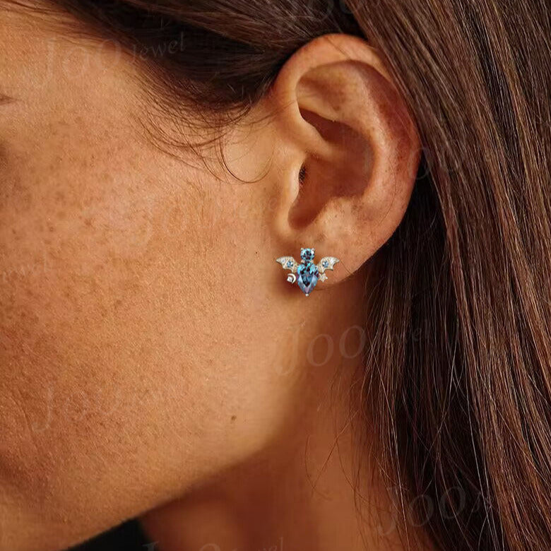 Teardrop Alexandrite Stud Earrings Solid 14k Gold Moon Star Diamond Bat Earrings Antique Gothic June Birthstone Gemstone Earrings For Women