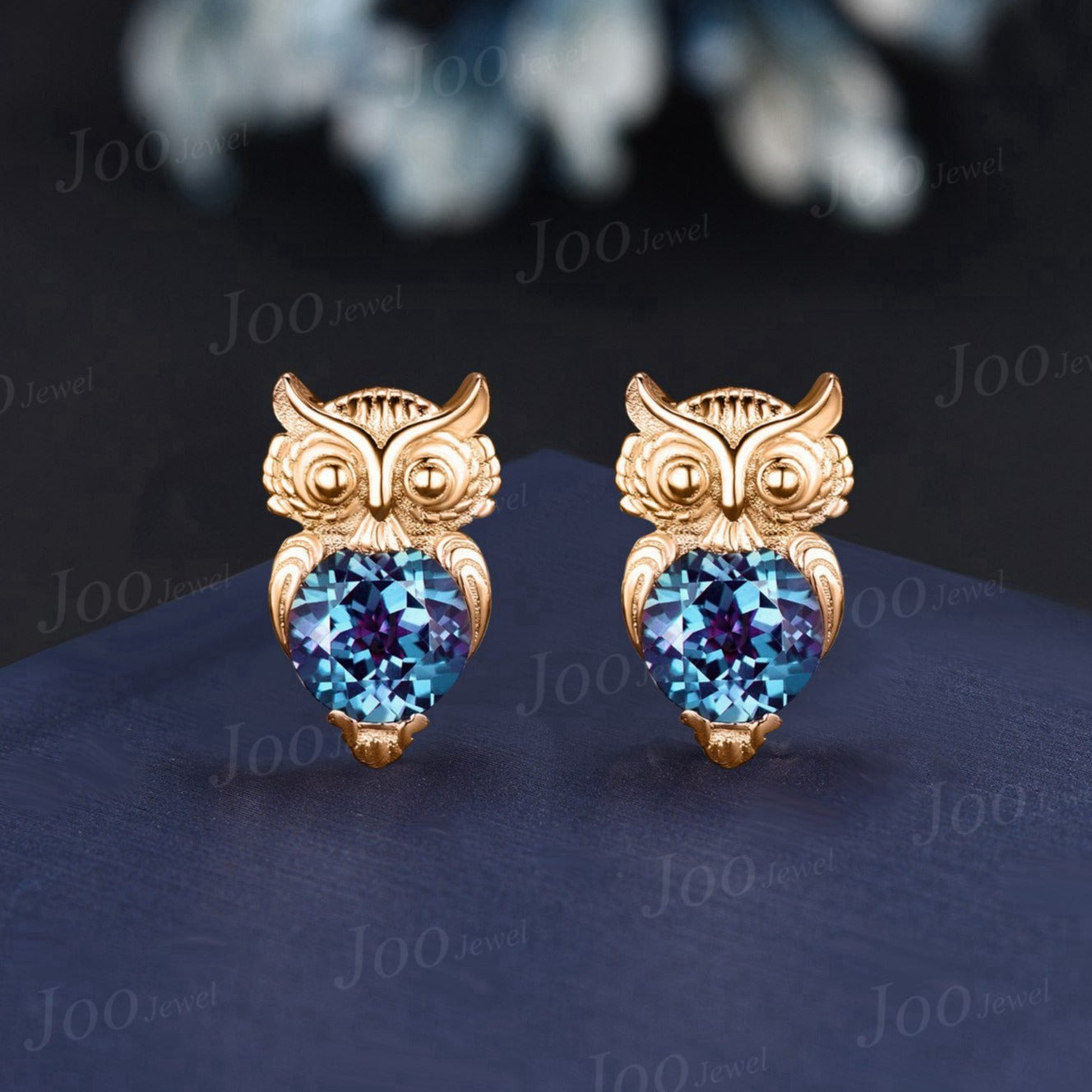 Cute Owl Alexandrite Stud Earrings Sterling Silver Round Color-Change Alexandrite Hypoallergenic Earrings Animal Inspired Gemstone Jewelry