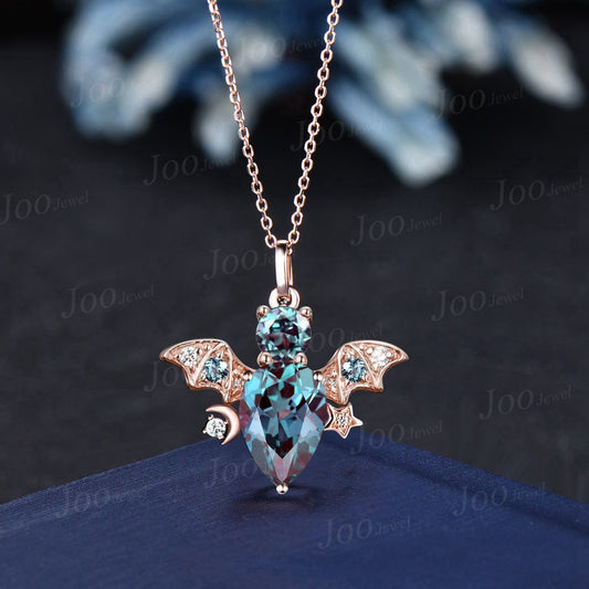 Teardrop Alexandrite Pendant Solid 14k Rose Gold Moon Star Diamond Bat Necklace Antique Vintage June Birthstone Gemstone Necklace For Women