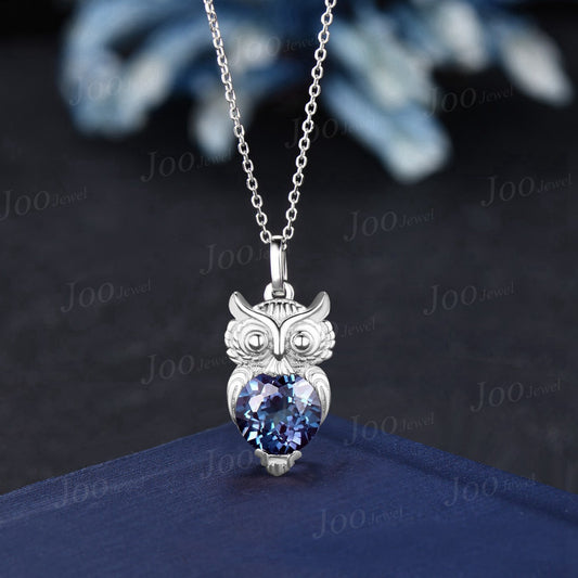 Unique Cute Owl Alexandrite Wedding Necklace Sterling Silver Round Color-Change Alexandrite Pendant Antique Animal Inspired Gemstone Jewelry