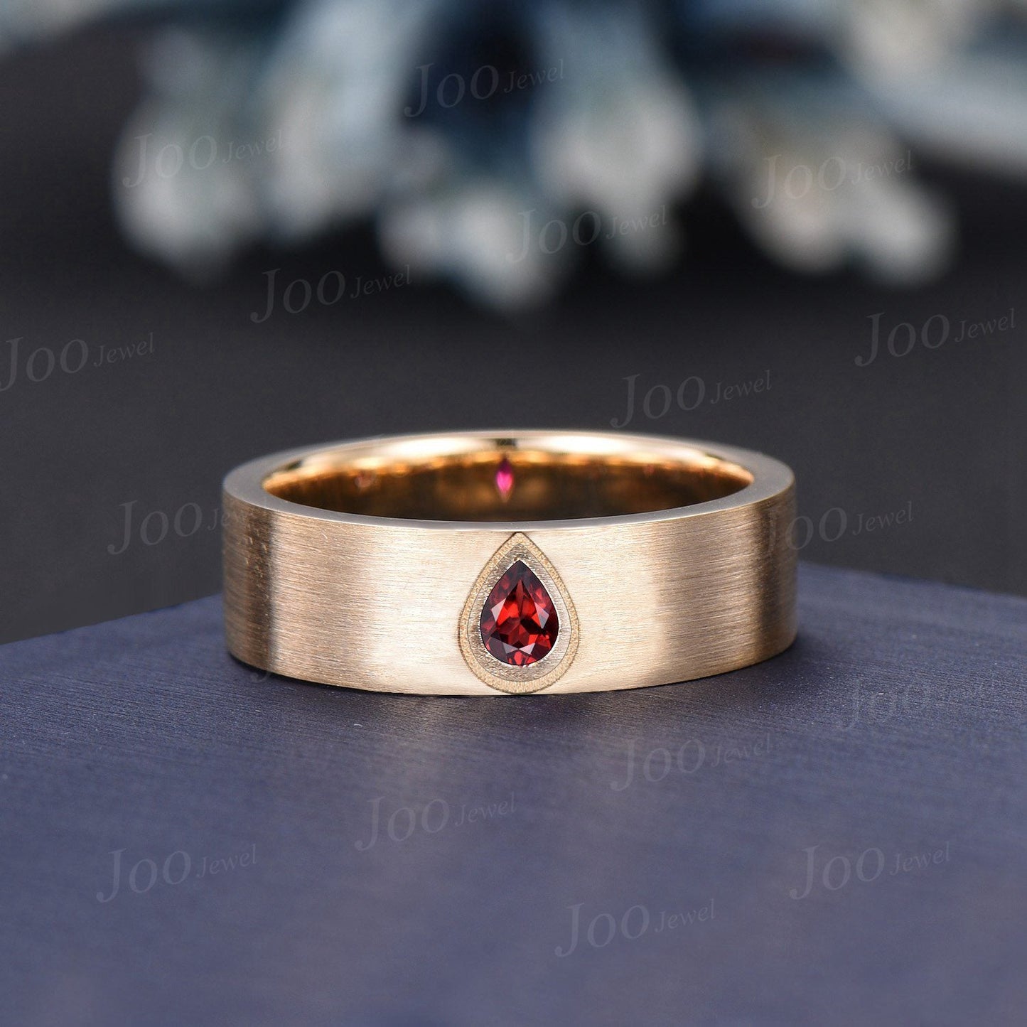 6mm Men Band Pear Natural Garnet Mens Brushed Wedding Band 14K Yellow Gold Garnet Promise Pinky Ring Matte Finish Gold Solitaire Ring Male