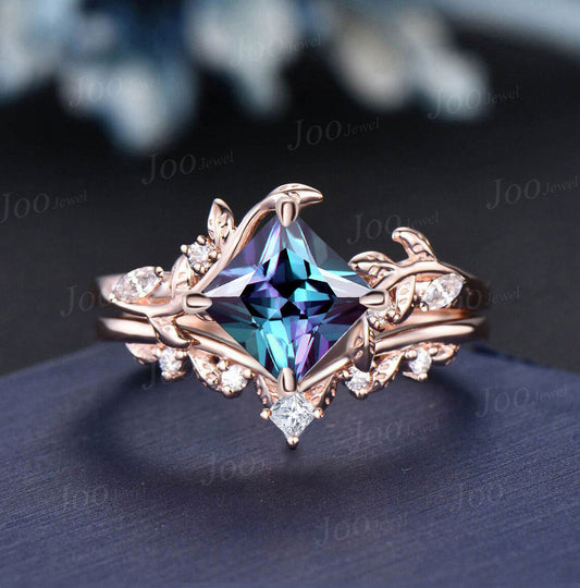 2CT Princess Cut Color-Change Alexandrite Bridal Ring Set 14K Rose Gold Princess Moissanite Leaf Band Vine Branch Nature Wedding Ring Women