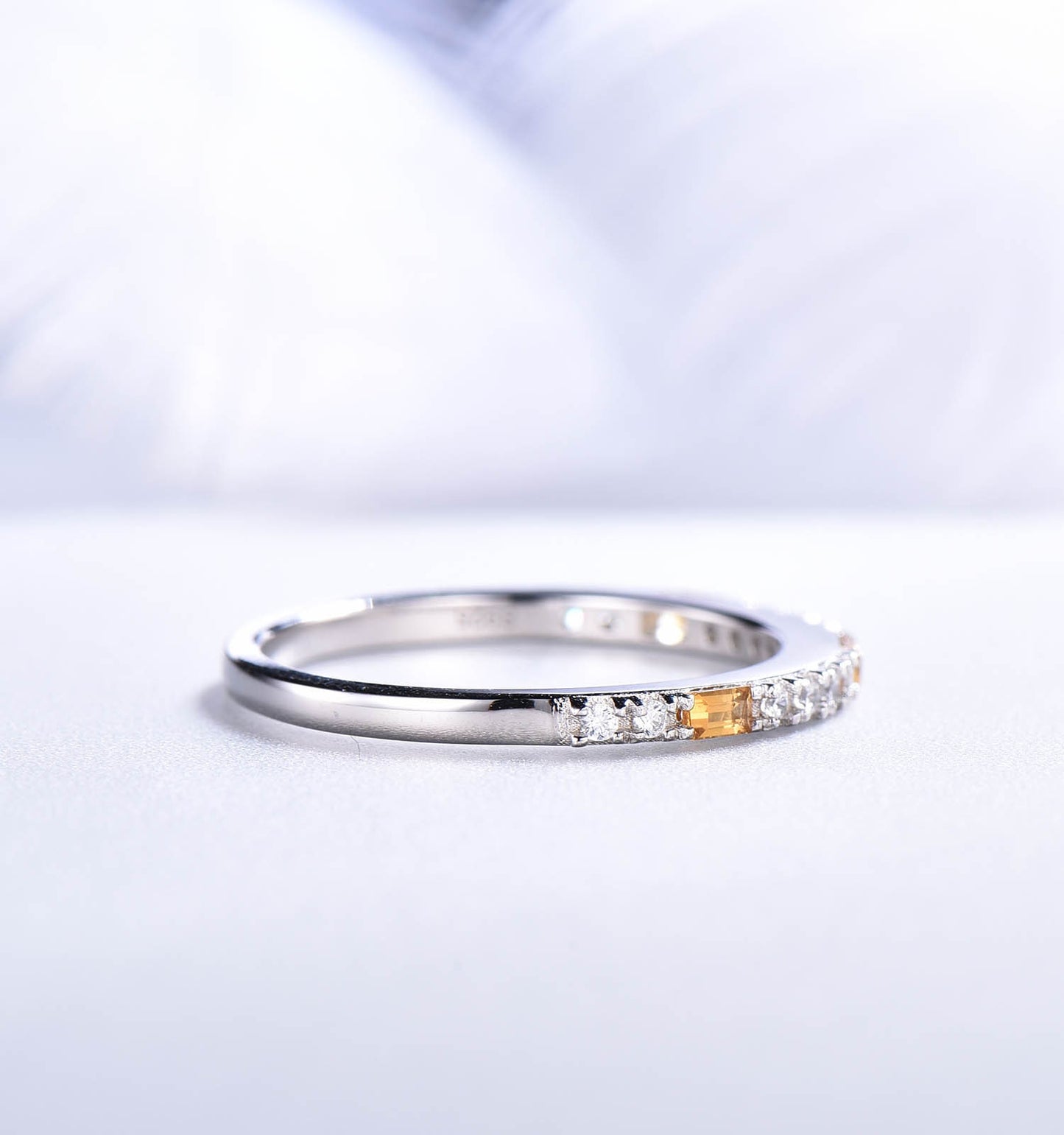 Baguette Cut Citrine Wedding Ring,citrine and diamond  wedding band,white gold anniversary rings for her,stackable birthstone promise rings