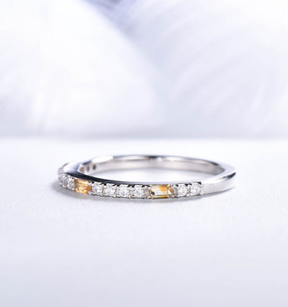 Baguette Cut Citrine Wedding Ring,citrine and diamond  wedding band,white gold anniversary rings for her,stackable birthstone promise rings