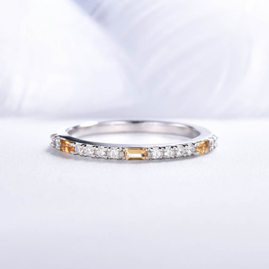 Baguette Cut Citrine Wedding Ring,citrine and diamond  wedding band,white gold anniversary rings for her,stackable birthstone promise rings