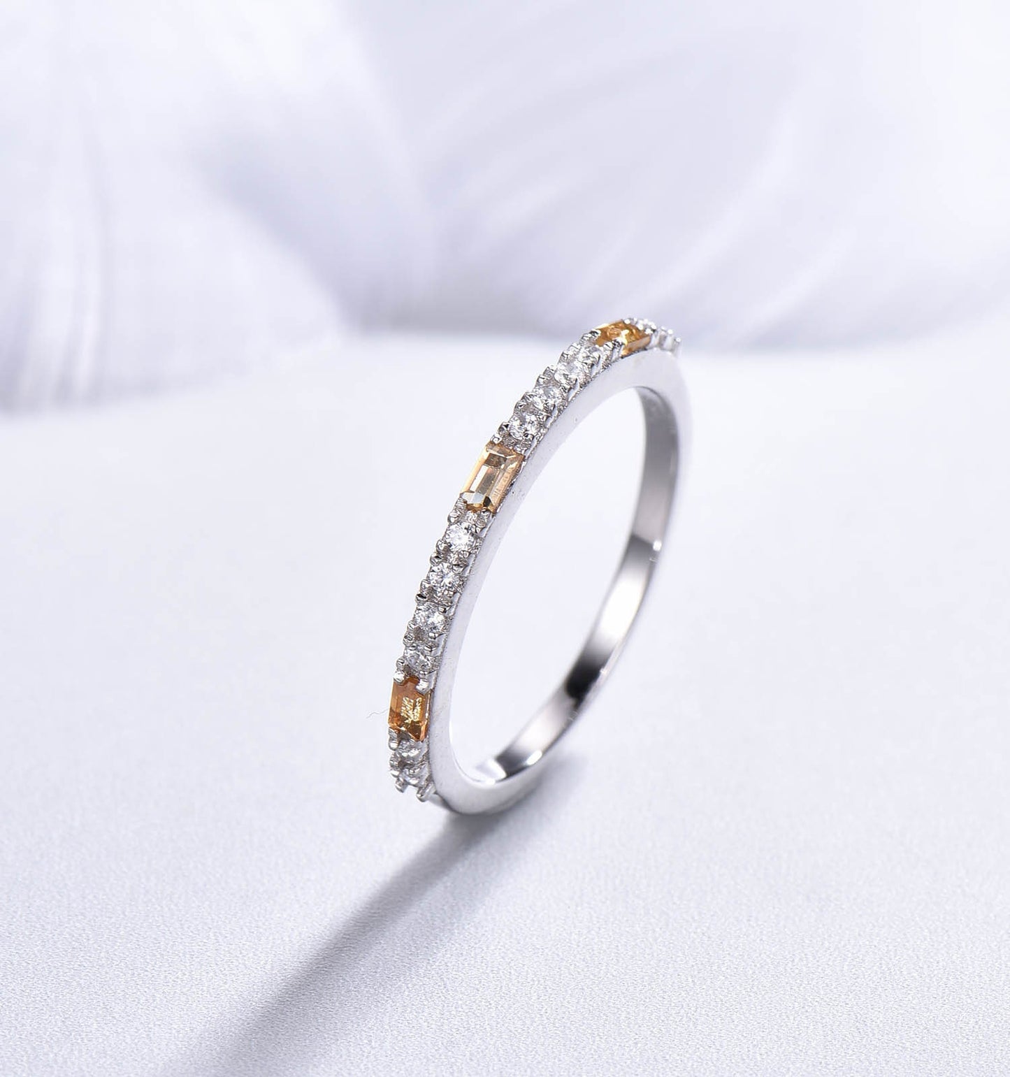 Baguette Cut Citrine Wedding Ring,citrine and diamond  wedding band,white gold anniversary rings for her,stackable birthstone promise rings