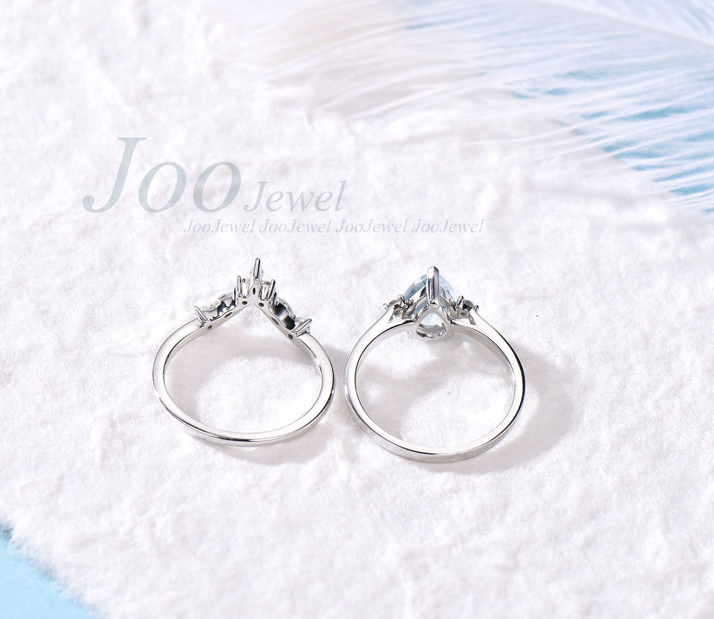 Aquamarine Wedding Ring Set- 14K White Gold Engagement Ring- Three Stone Bridal Ring Set- Marquise/Round Moissanite Annniversary Ring Band