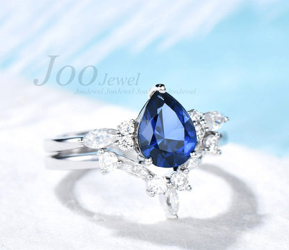 Vintage sapphire engagement ring set white gold ring set for women unique anniversary ring set marquise ring set blue stone ring jewelry