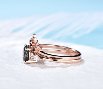 Unique vintage round cut black rutilated quartz engagement ring set rose gold silver art deco moissanite ring black diamond ring for women