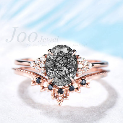 Unique bridal ring set oval black rutilated quartz engagement ring set milgrain lace black diamond ring for women rose gold sterling silver