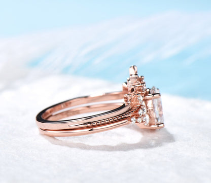 Oval Moissanite Engagement Ring Set For Women Cluster Snowdrift Diamond Wedding Ring Vintage 14k Rose Gold Bridal Ring Set Lace Wedding Band