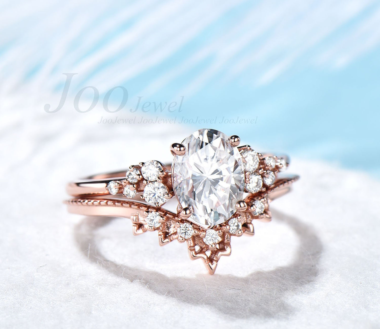 Oval Moissanite Engagement Ring Set For Women Cluster Snowdrift Diamond Wedding Ring Vintage 14k Rose Gold Bridal Ring Set Lace Wedding Band