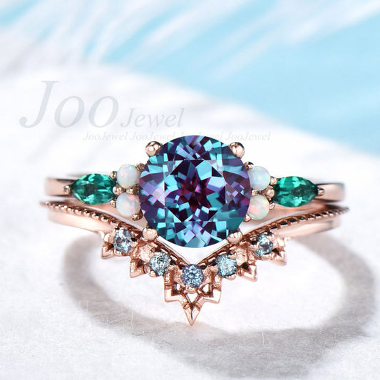 Round cut Alexandrite engagement ring set rose gold art deco emerald ring set June birthstone ring Milgrain wedding band promise ring set