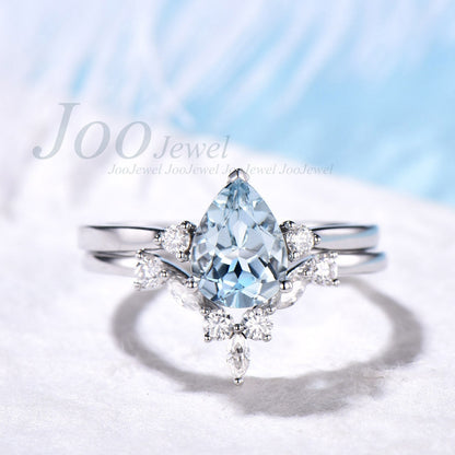 Aquamarine Wedding Ring Set- 14K White Gold Engagement Ring- Three Stone Bridal Ring Set- Marquise/Round Moissanite Annniversary Ring Band