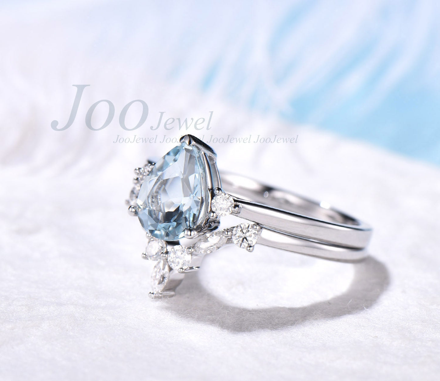 Aquamarine Wedding Ring Set- 14K White Gold Engagement Ring- Three Stone Bridal Ring Set- Marquise/Round Moissanite Annniversary Ring Band