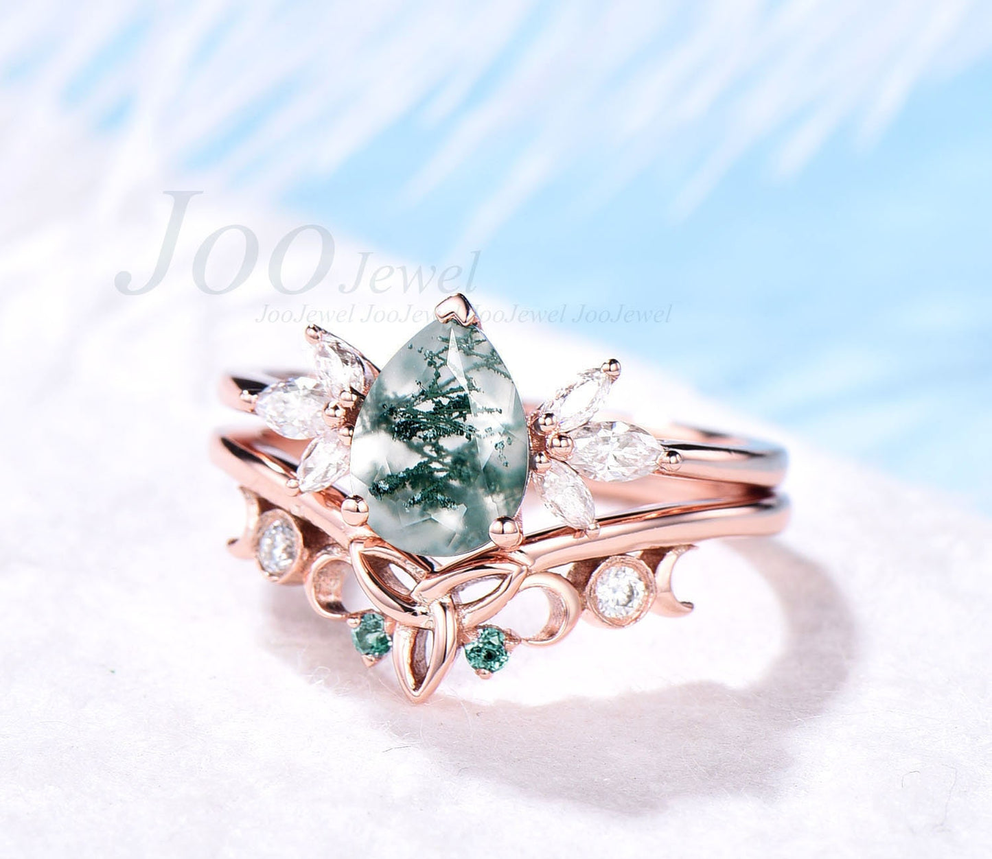 Pear green moss agate engagement ring set vintage art deco rose gold silver ring natural emerald ring women moon ring moissanite ring set