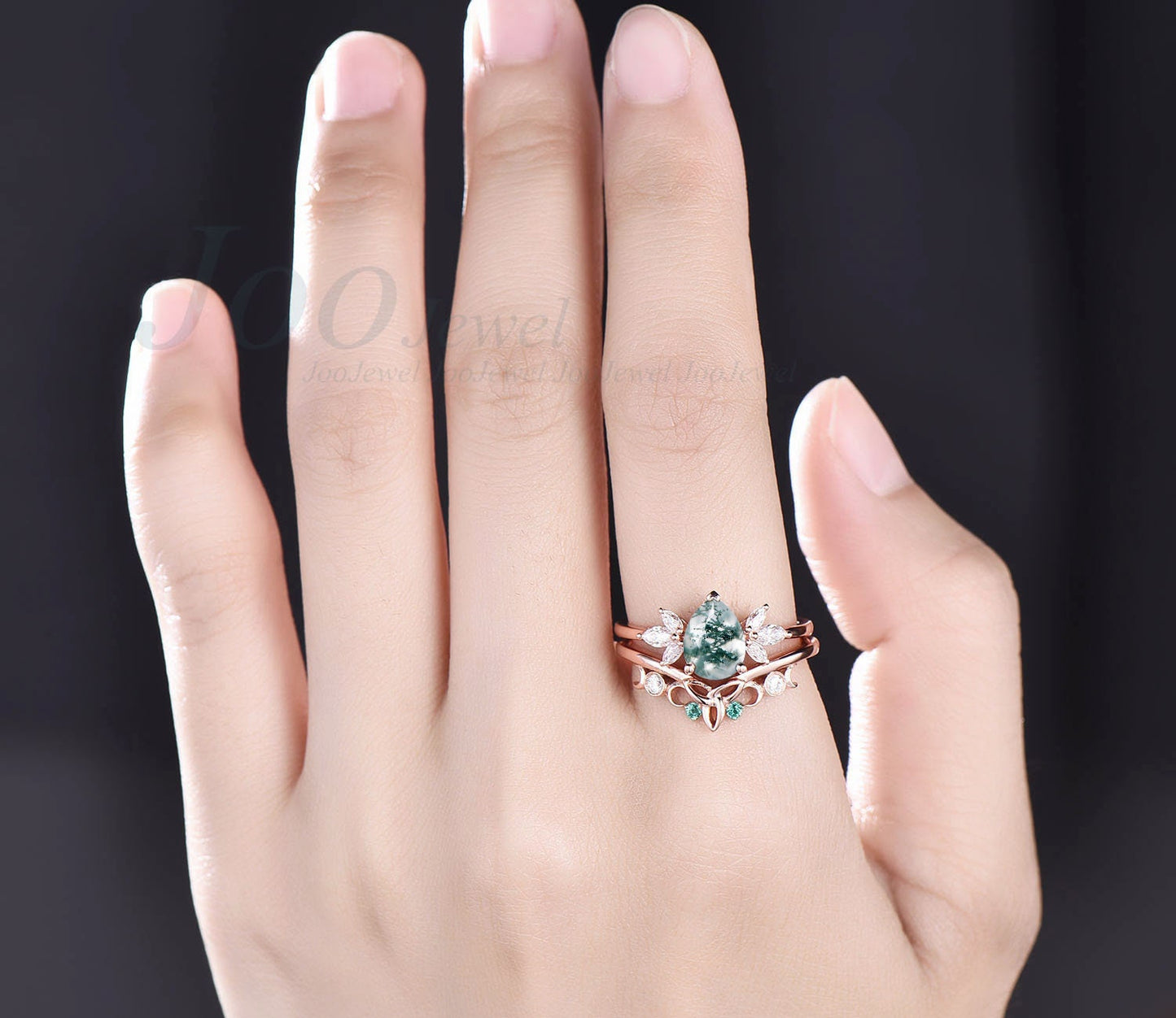 Pear green moss agate engagement ring set vintage art deco rose gold silver ring natural emerald ring women moon ring moissanite ring set