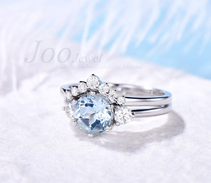 Aquamarine ring gold silver women Vintage Aquamarine engagement ring set rose gold three stone promise ring set March birthstone ring gift