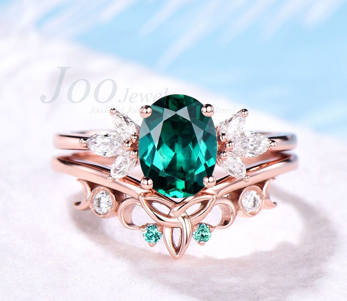 Oval emerald wedding ring set vintage emerald engagement ring set art deco rose gold silver ring Norse viking ring promise ring for women
