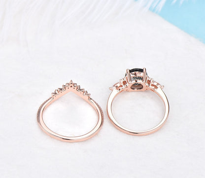 Unique vintage round cut black rutilated quartz engagement ring set rose gold silver art deco moissanite ring black diamond ring for women