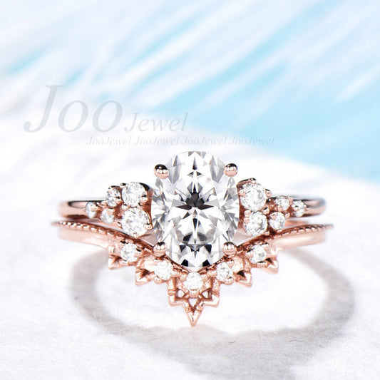 Oval Moissanite Engagement Ring Set For Women Cluster Snowdrift Diamond Wedding Ring Vintage 14k Rose Gold Bridal Ring Set Lace Wedding Band